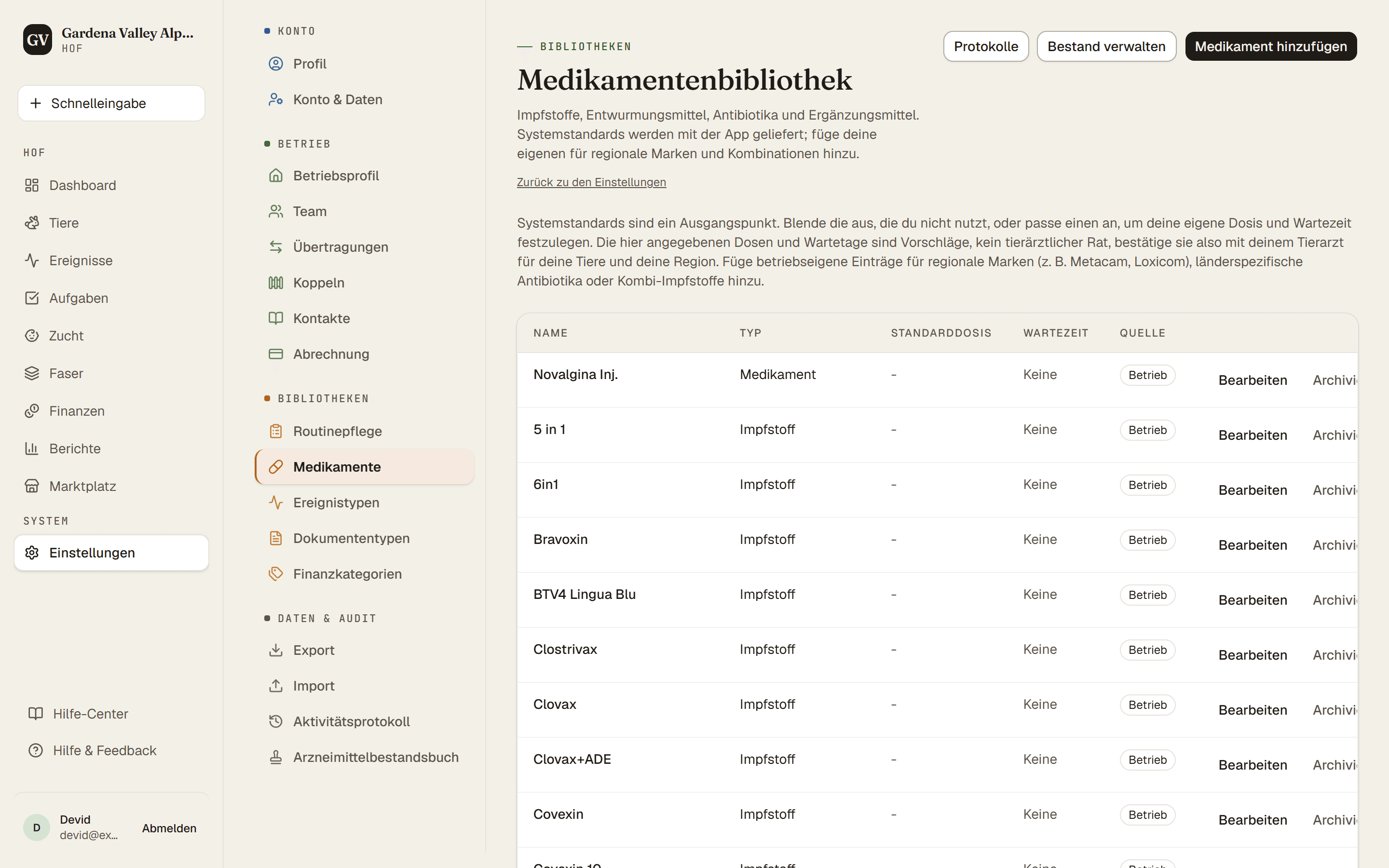Die Medikamenten-Bibliothek mit den Einträgen des Betriebs und dem Button zur Bestandsverwaltung