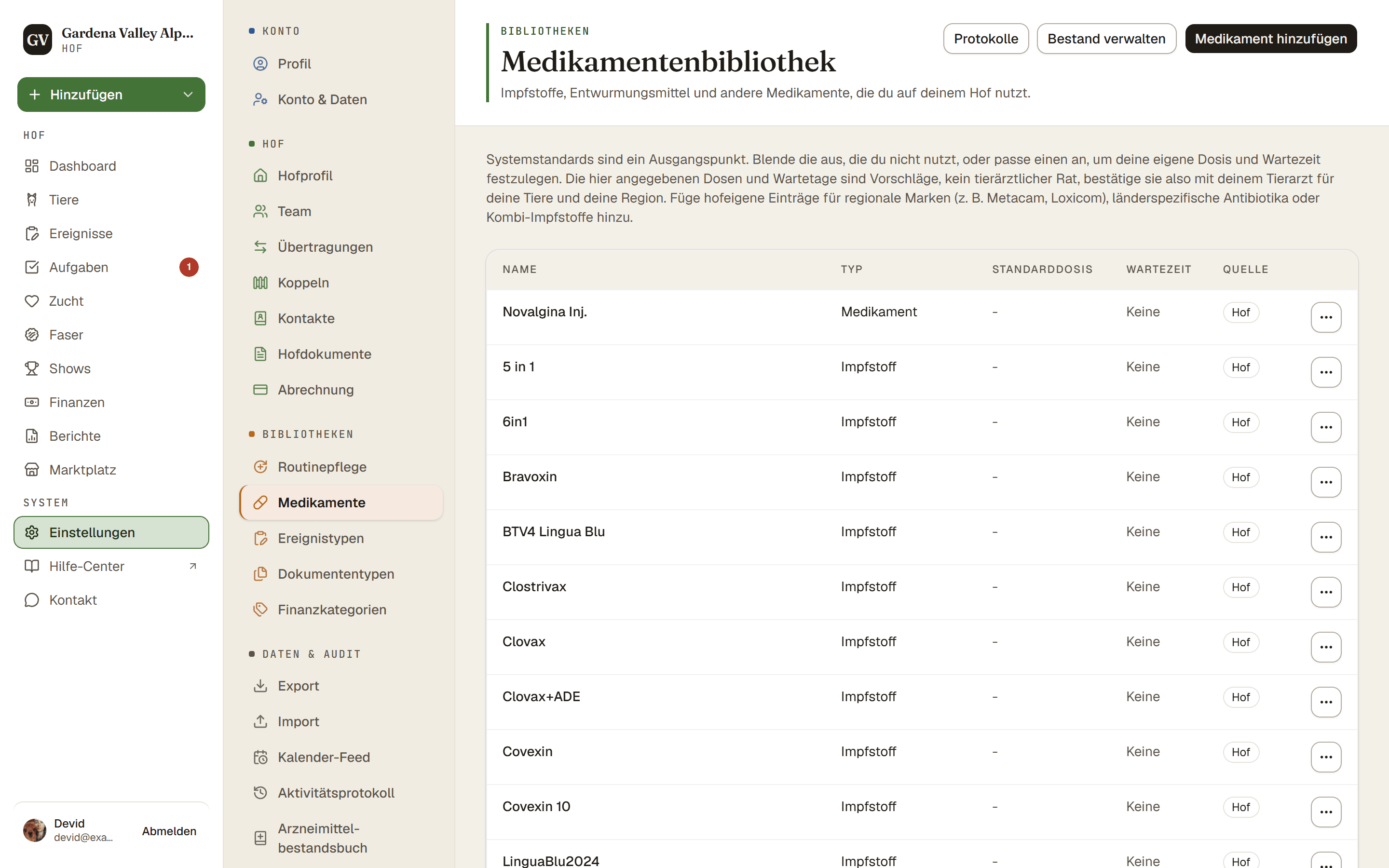 Die Medikamenten-Bibliothek mit den Einträgen des Hofs und dem Button zur Bestandsverwaltung