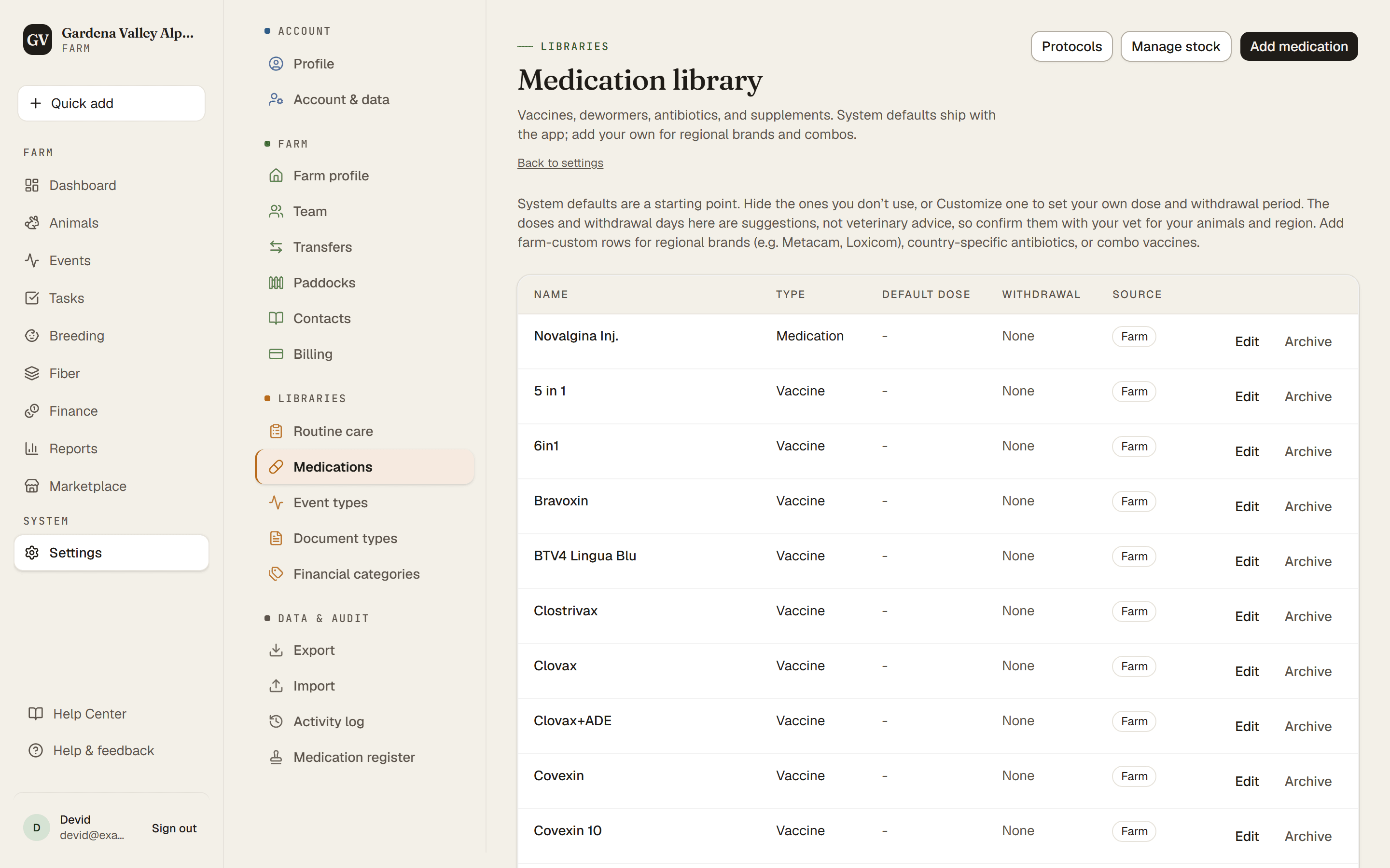 The Medication library with the farm's rows and the Manage stock button