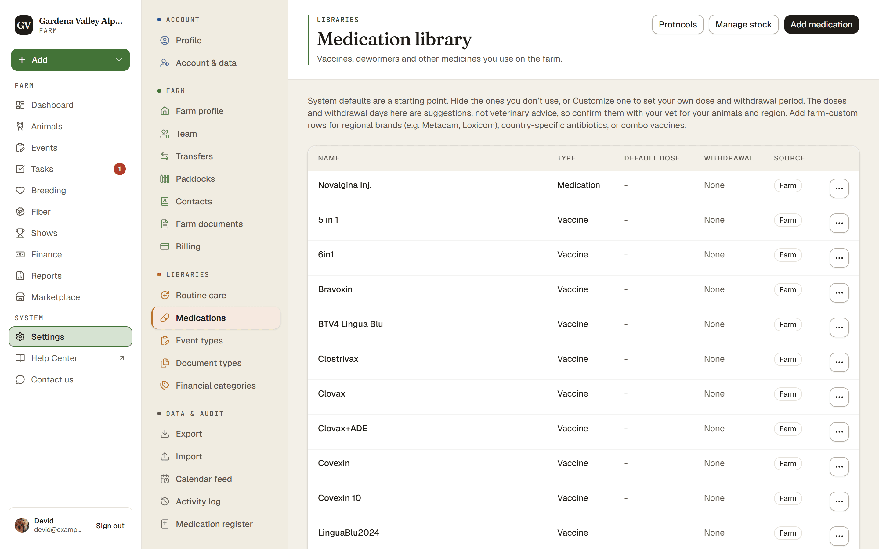 The Medication library with the farm's rows and the Manage stock button