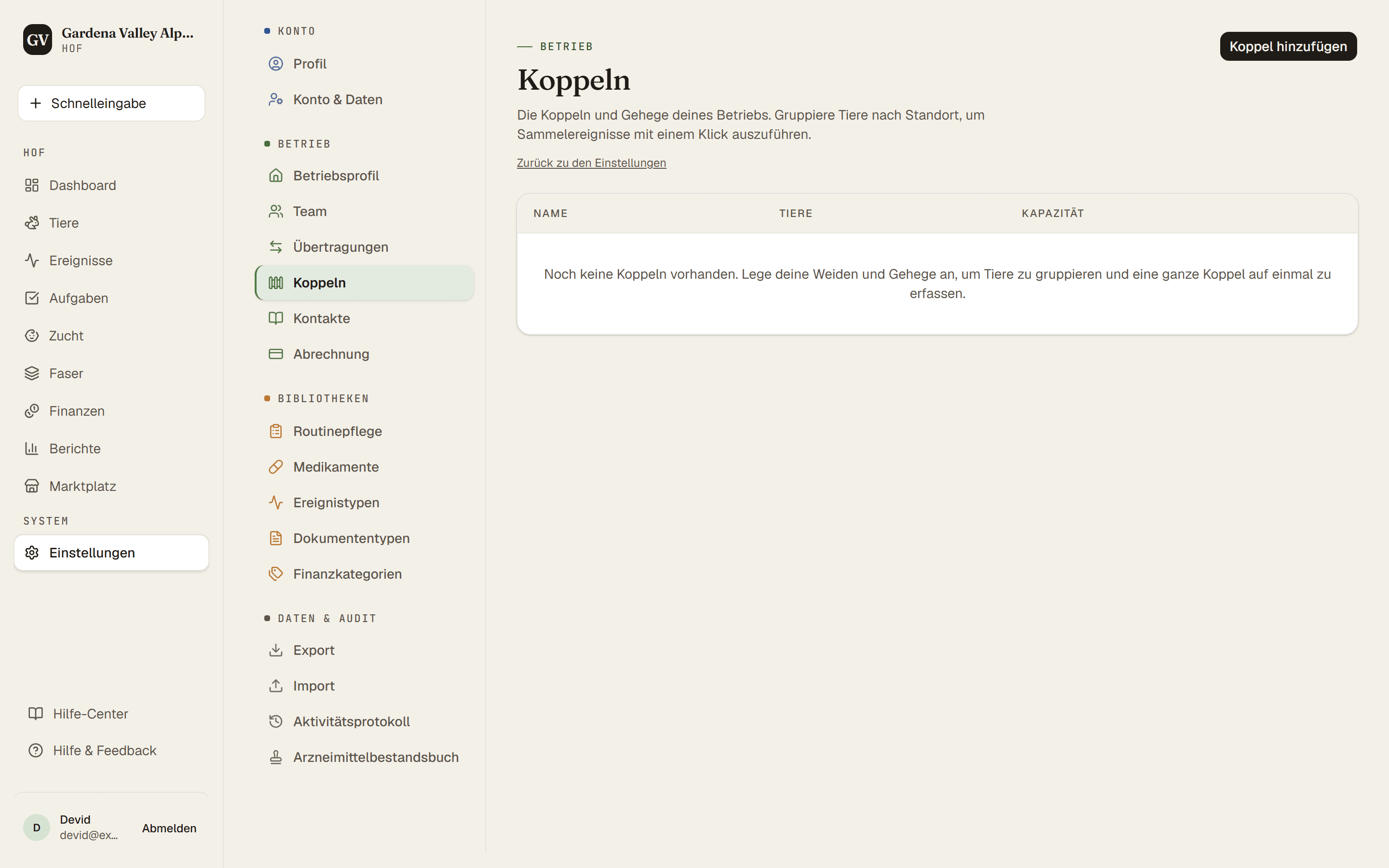 Die Koppel-Einstellungsseite mit dem Button zum Hinzufügen