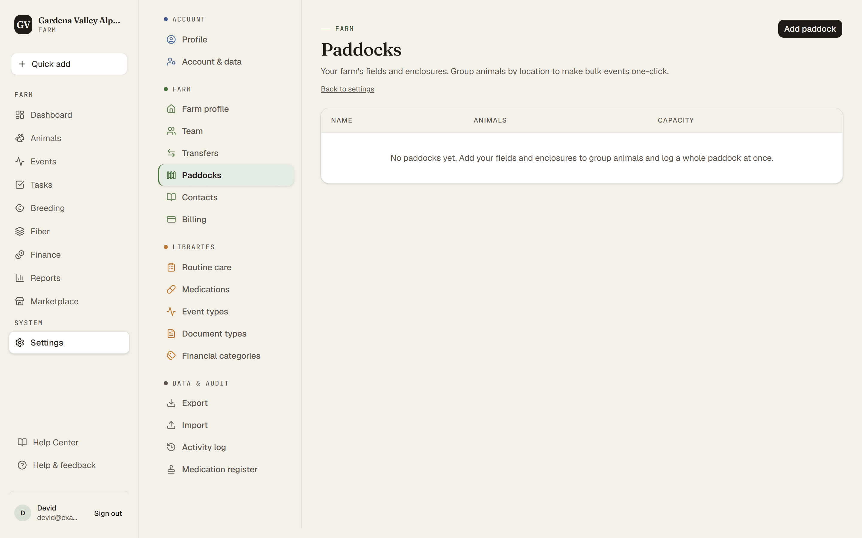 The Paddocks settings page with the Add paddock button