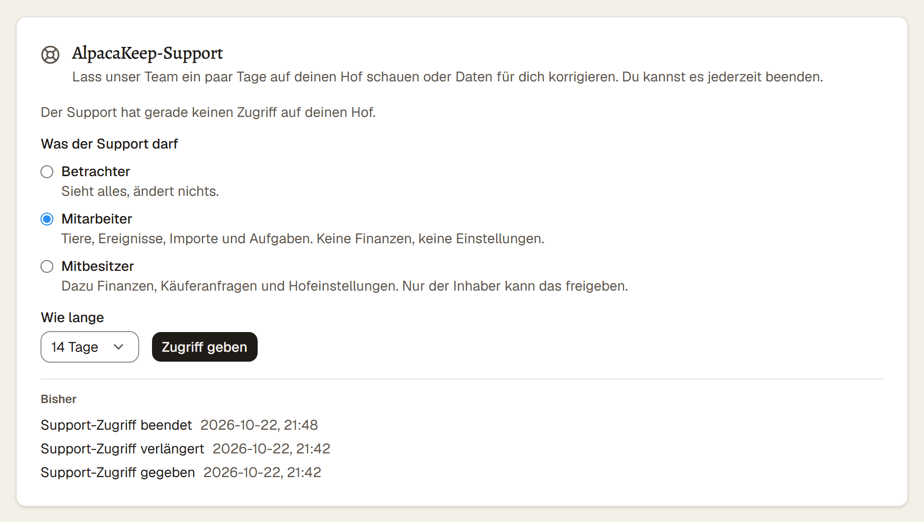 Die Karte AlpacaKeep-Support auf der Team-Seite, mit der Auswahl von Stufe und Tagen und dem Button zum Freigeben