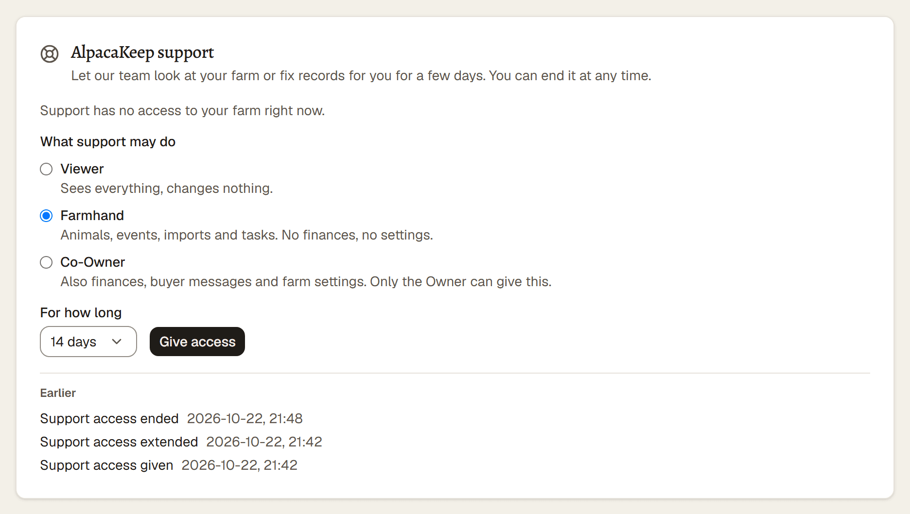 The AlpacaKeep support card on the Team page, with the level and days pickers and the Give access button