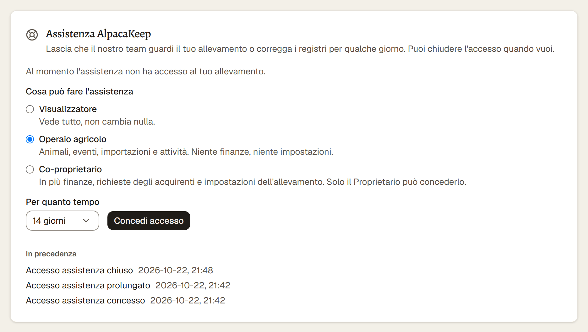 La scheda Assistenza AlpacaKeep nella pagina Team, con la scelta del livello e dei giorni e il pulsante per dare l'accesso