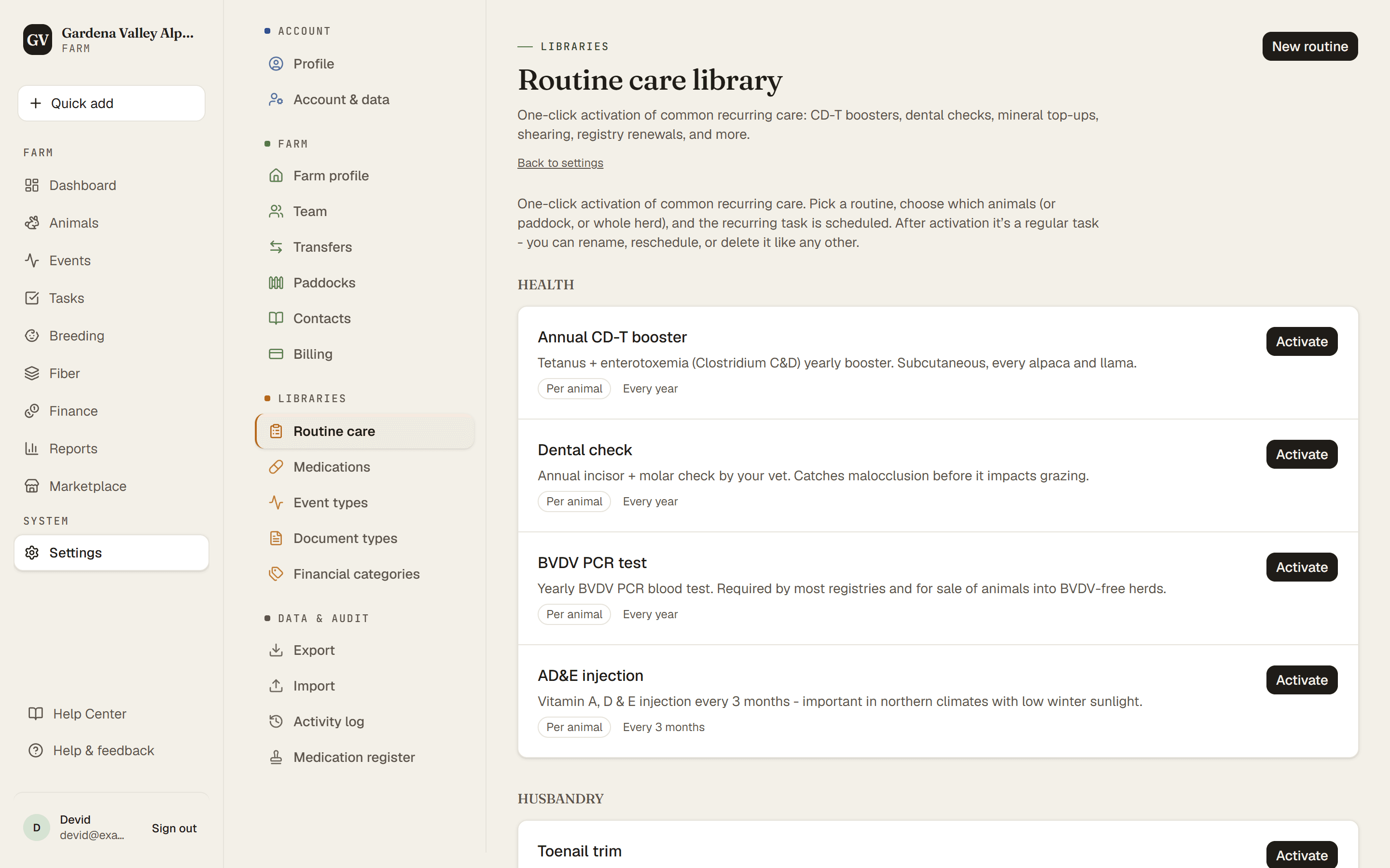 The Routine care library with one-click Activate buttons