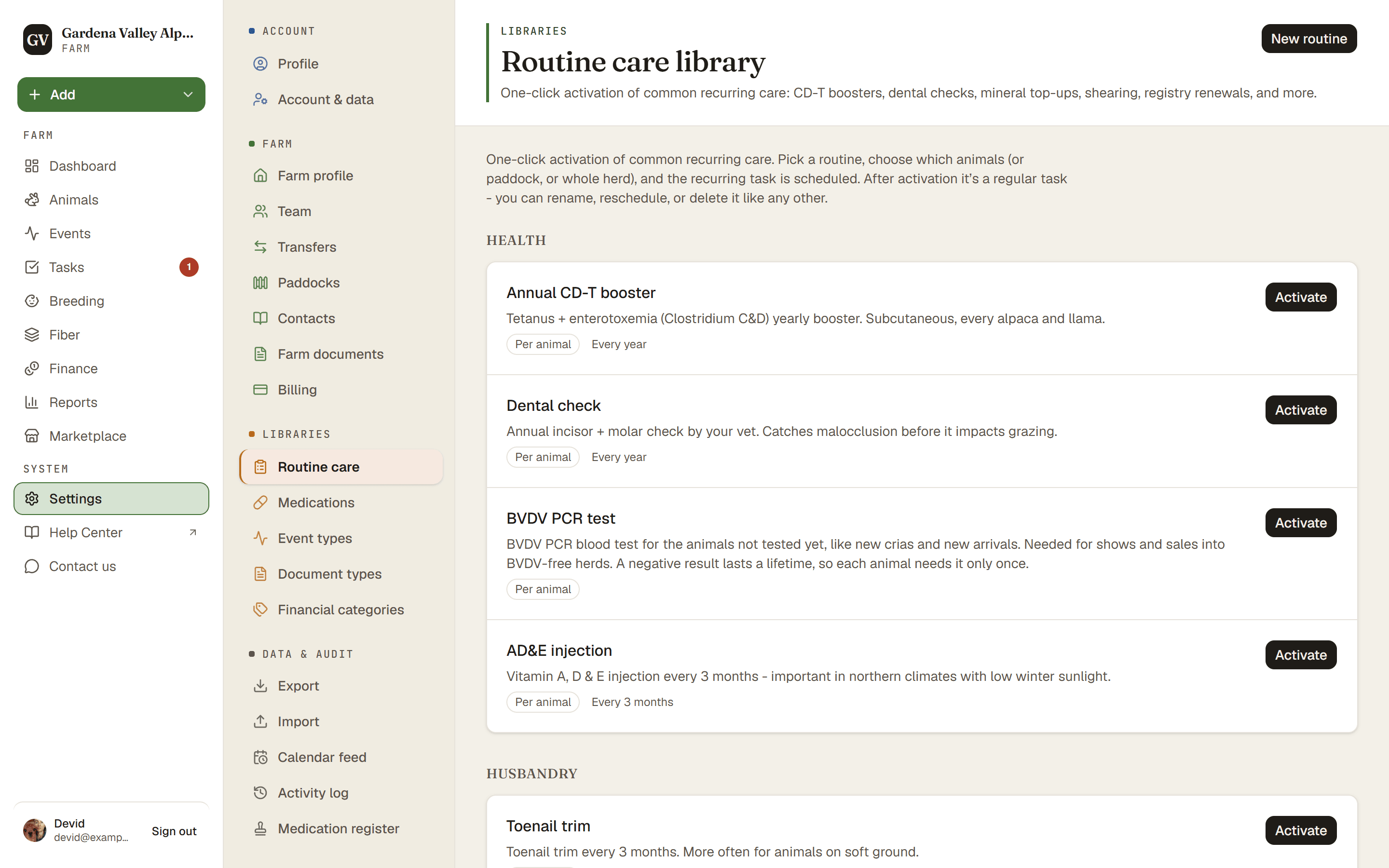 The Routine care library with one-click Activate buttons