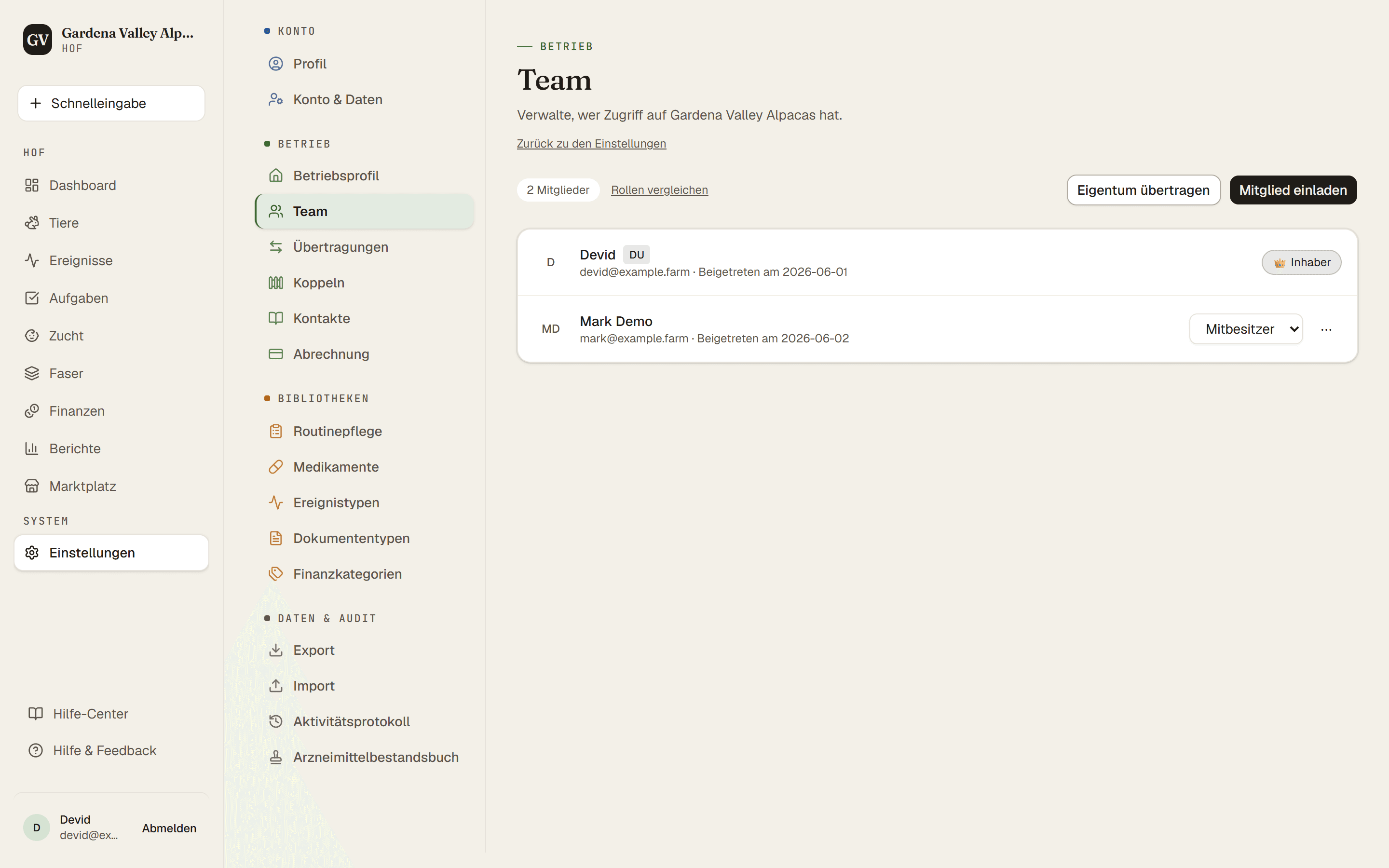 Die Team-Seite mit Mitgliedern, Rollen und dem Einladen-Button