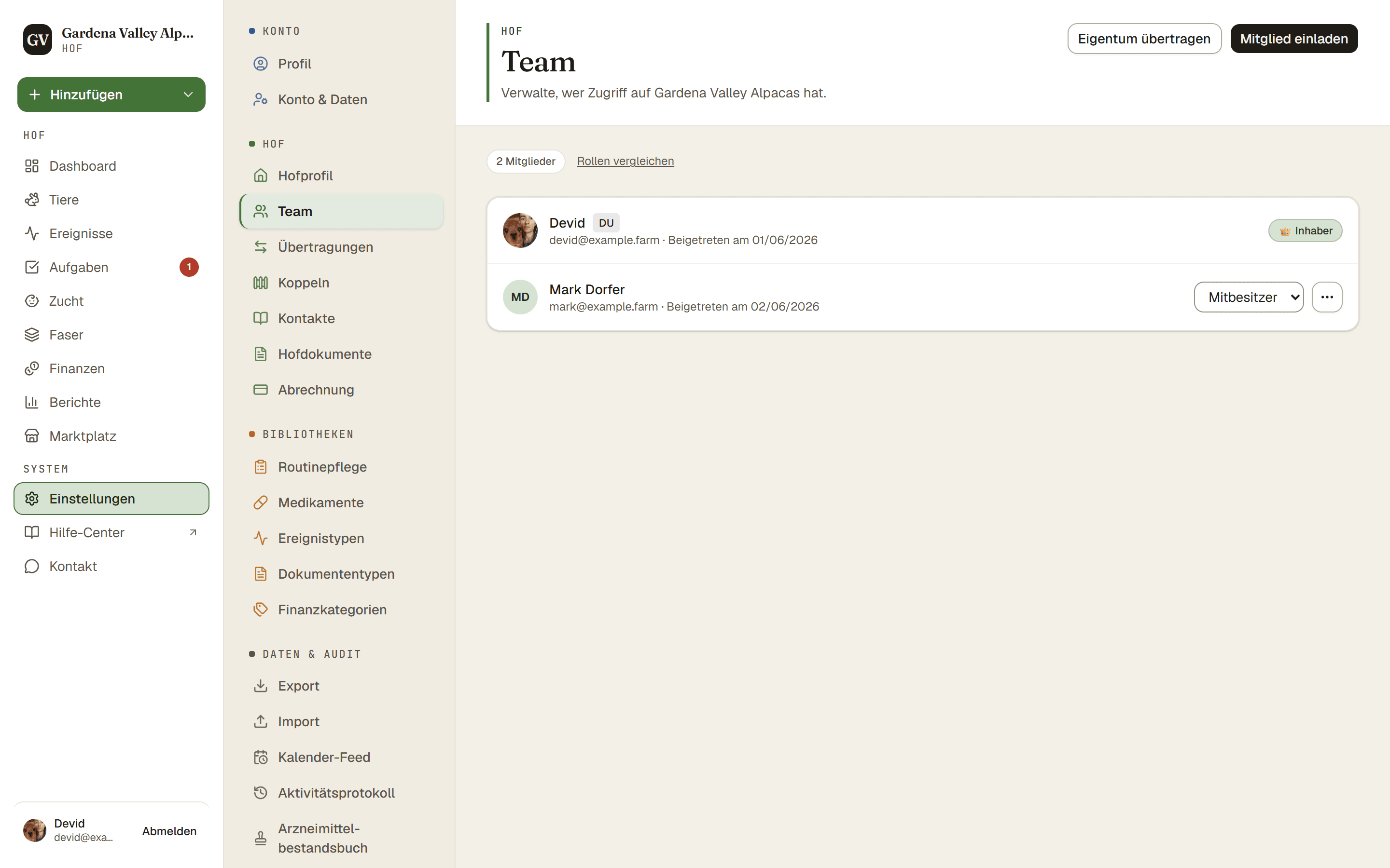 Die Team-Seite mit Mitgliedern, Rollen und dem Einladen-Button