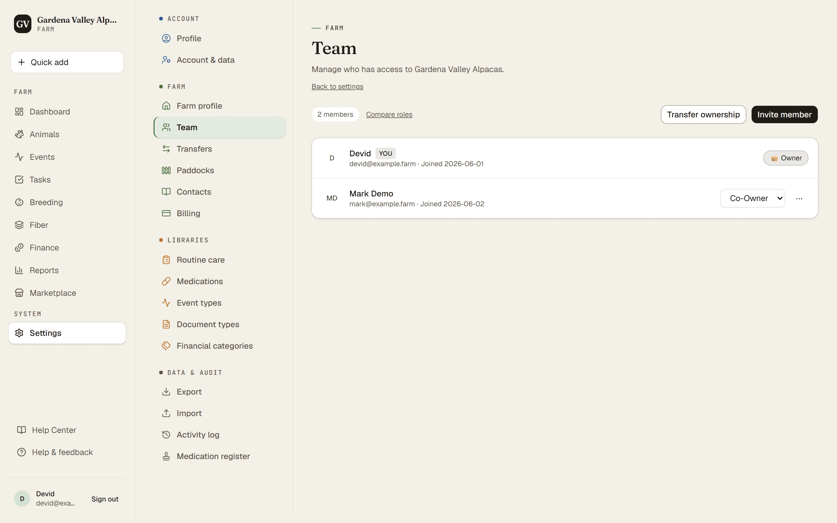 The Team page with members, roles, and the Invite member button