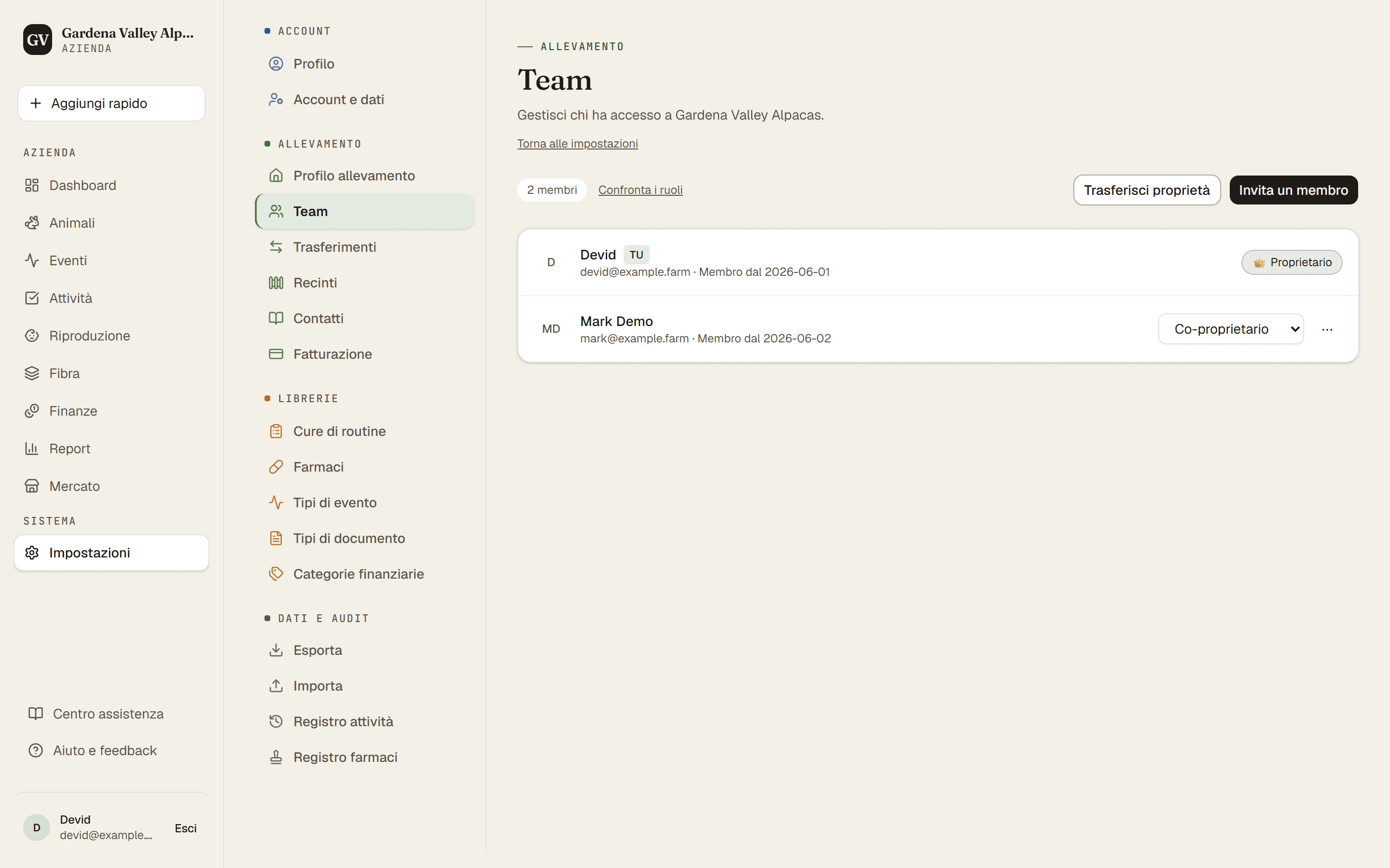La pagina Team con i membri, i ruoli e il pulsante di invito
