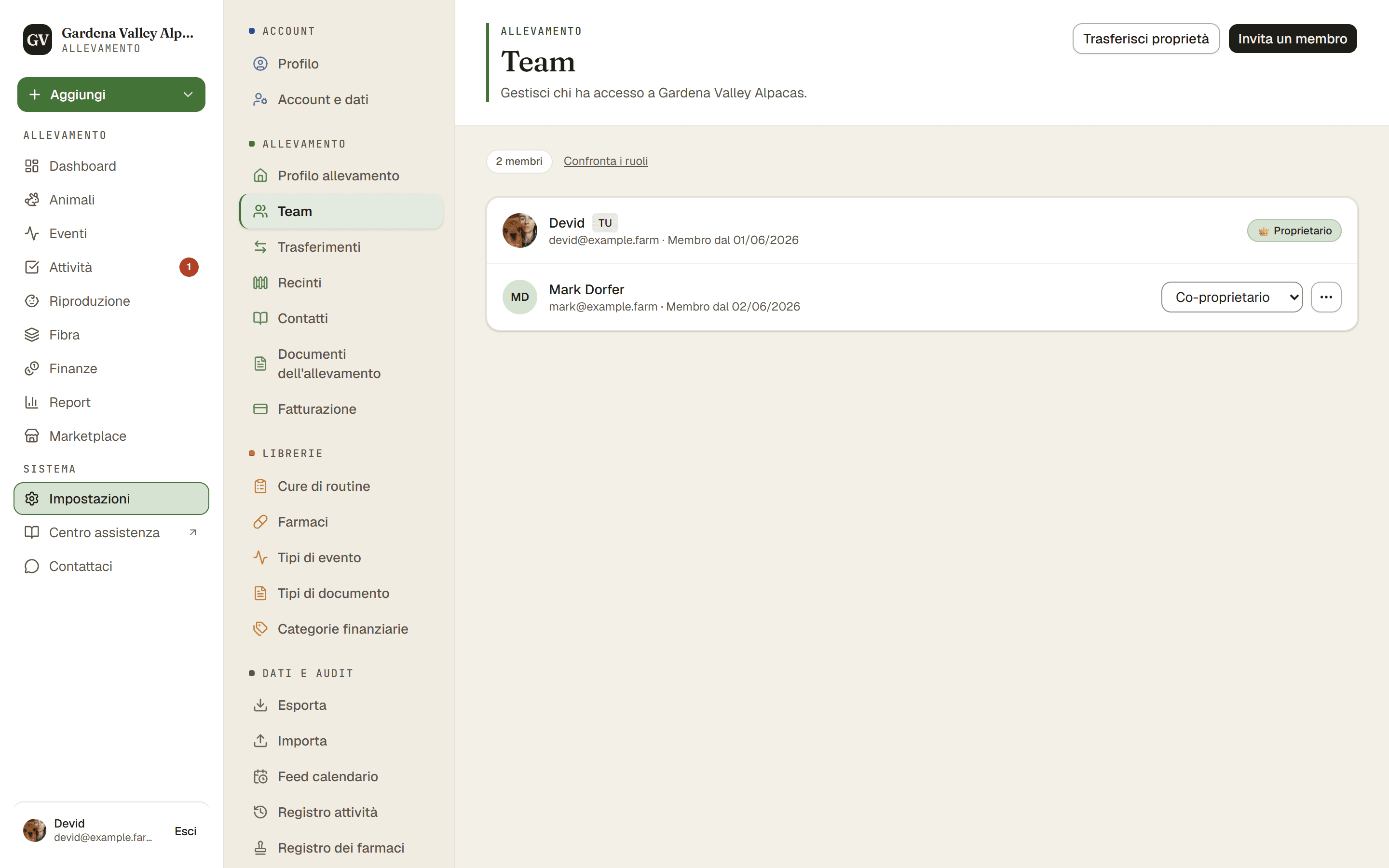 La pagina Team con i membri, i ruoli e il pulsante di invito