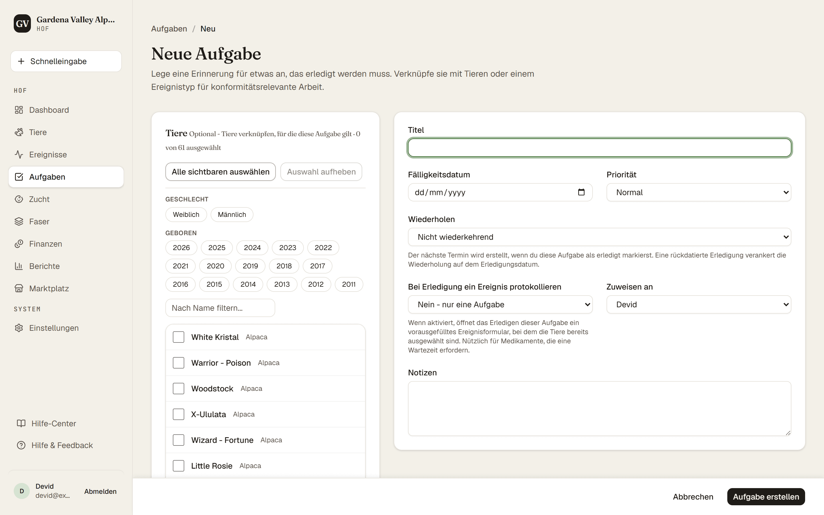 Das Formular für eine neue Aufgabe mit Fälligkeit und Wiederholungsoptionen