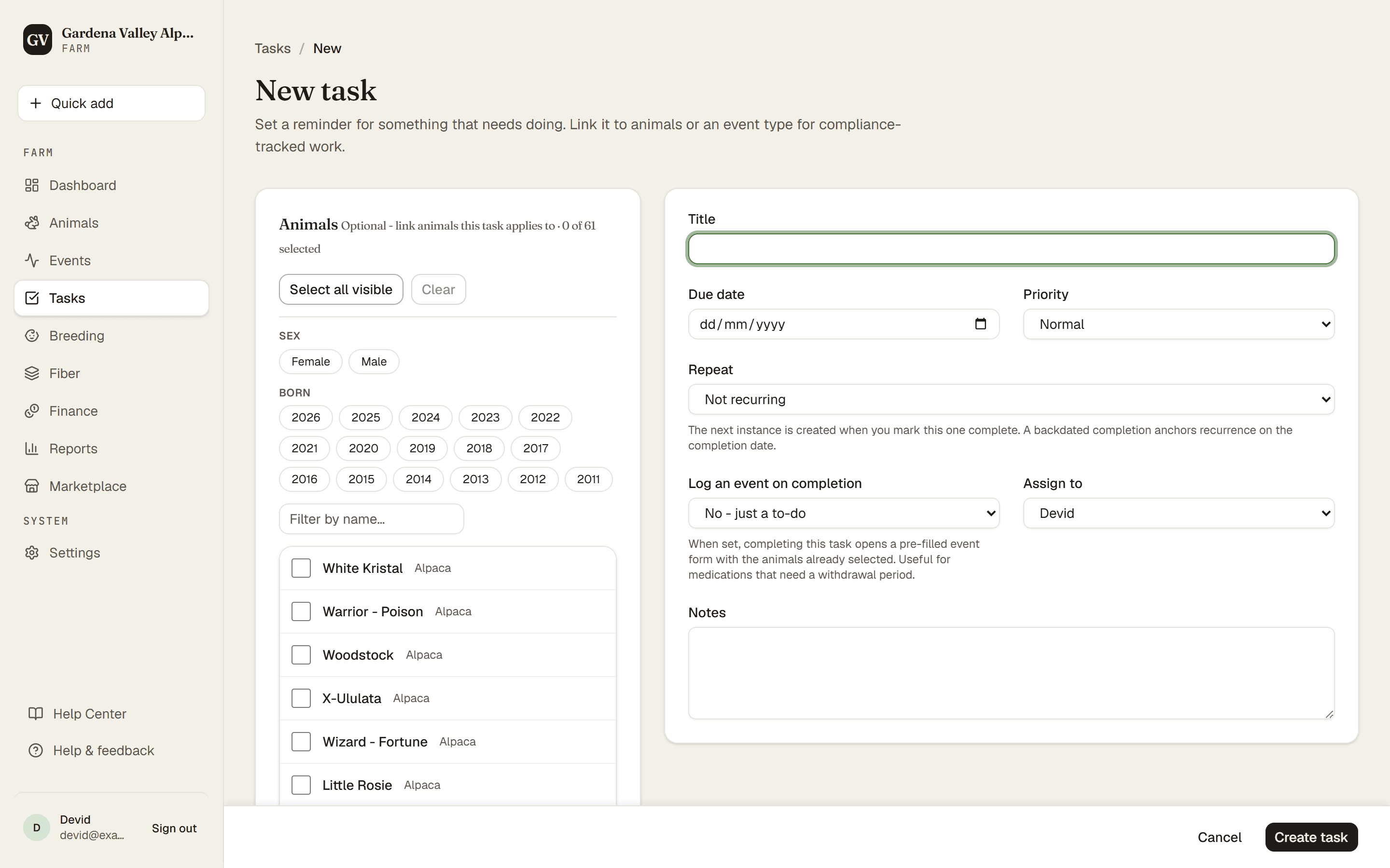 The New task form with due date and repeat options