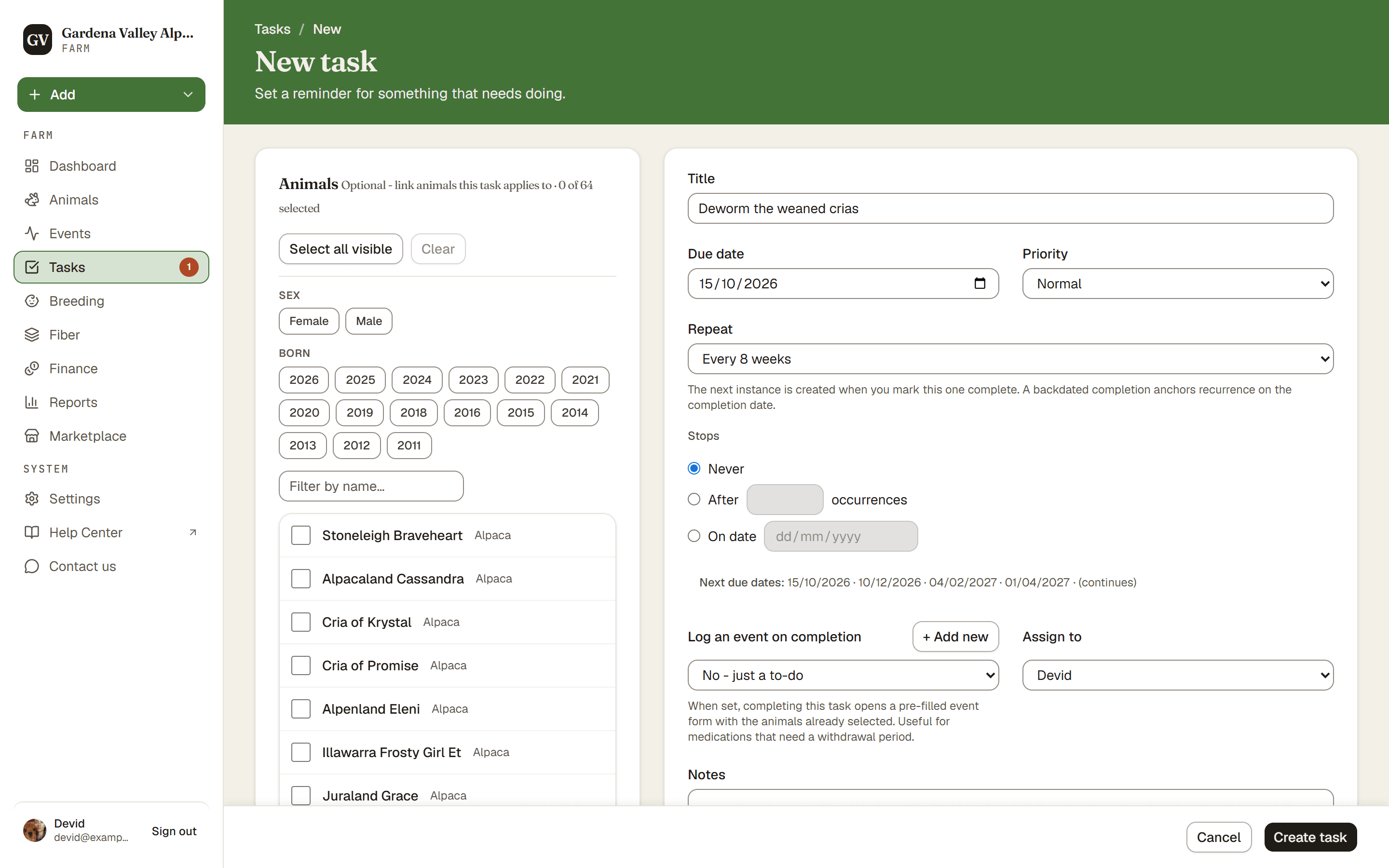 The New task form with due date and repeat options